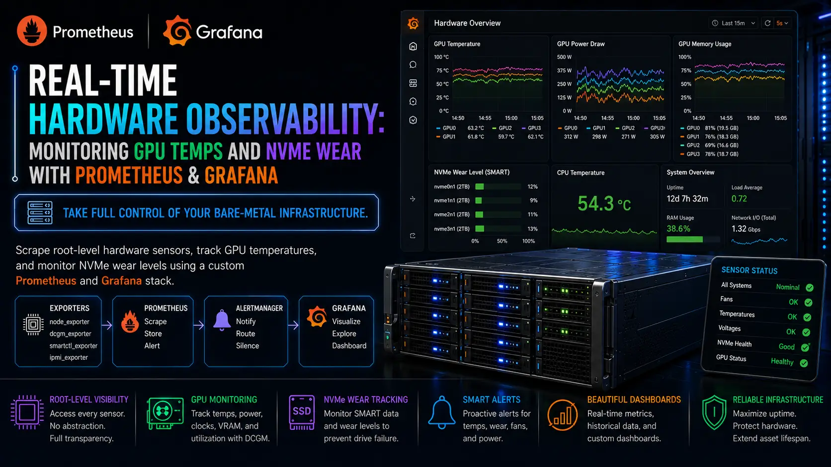 Real-time hardware observability stack with Prometheus and Grafana