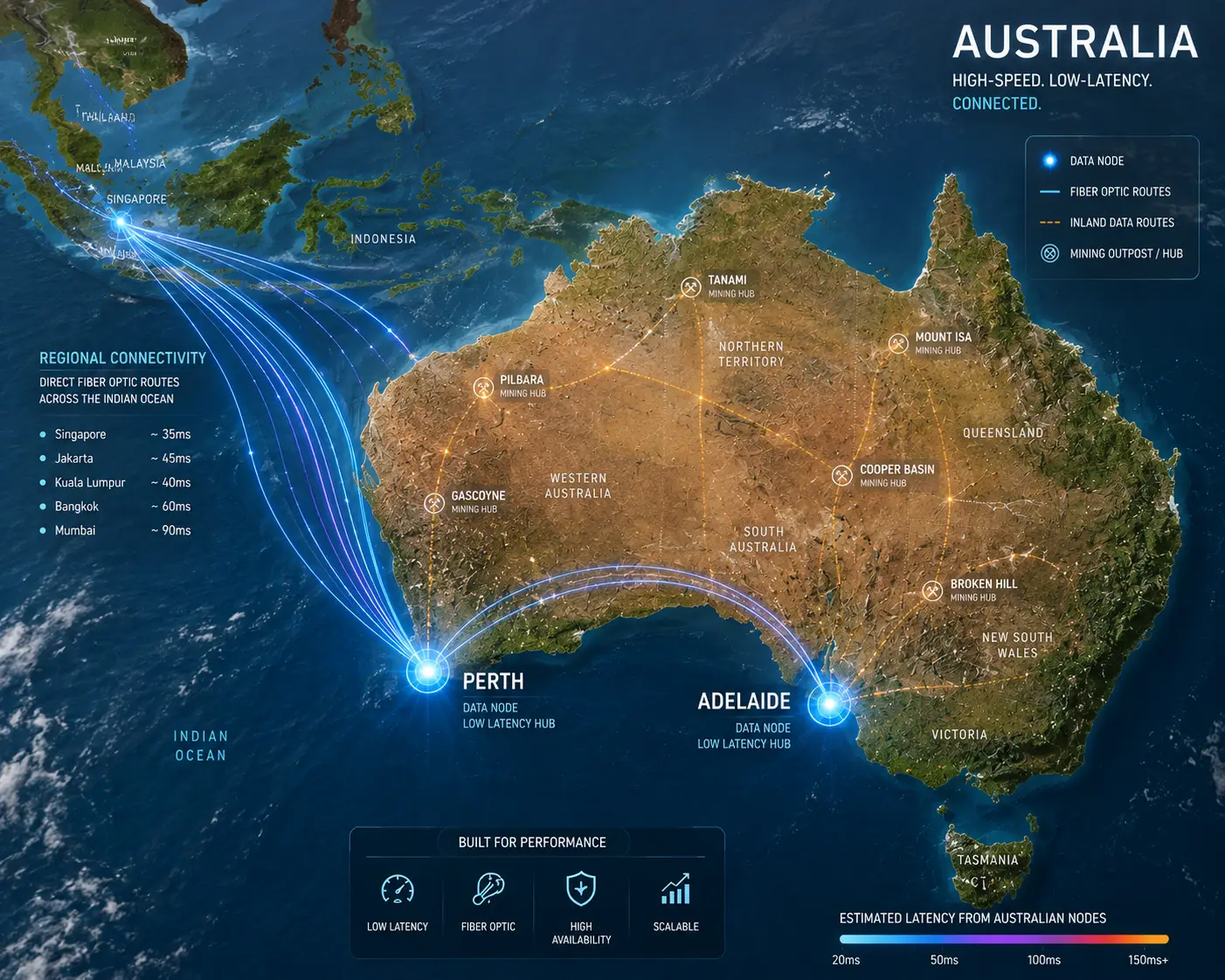 Futuristic digital map of Australia highlighting glowing data nodes in Perth and Adelaide with fiber optic lines extending across the Indian Ocean to Southeast Asia.